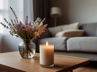 Fototapeta na wymiar Scented candles and vase with flowers on the coffee table in living room of cozy apartment. Home decor concept.