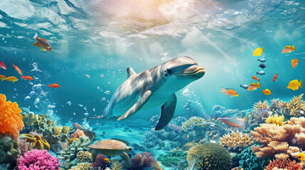 A dolphin swims gracefully near a vibrant coral reef teeming with colorful fish
