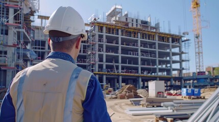 Fototapeta premium cinematic and panoramic image of the construction site of a large multi-story public building, 