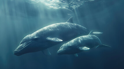 Naklejka premium A couple of dolphins gracefully swim in the clear blue ocean water, their sleek bodies moving effortlessly through the waves
