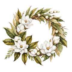 A southern inspired wreath of glossy magnolia leaves and fluffy flowers watercolor illustration clipart, floral decoration botanical painting, isolated - obrazy, fototapety, plakaty