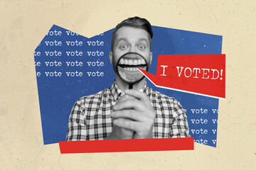 Creative abstract template collage of funky guy magnifier loupe show teeth scream i voted election...