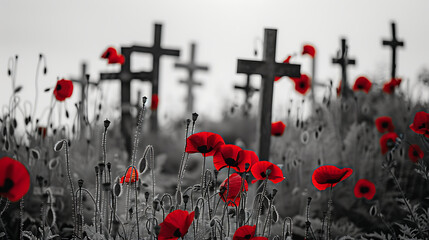 Black wooden crosses crucifix  in poopy flowers garden Anzac Day concept
