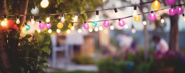 blurry garden background decorated with colorful fairy lights in summer