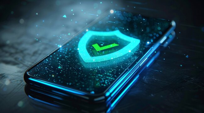 A glowing green checkmark on a dark blue phone.