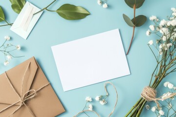 Mock up of a blank postcard on turquoise surface with flowers, leaves and envelope