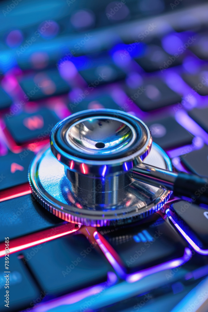 Poster a stethoscope is placed on top of a computer keyboard, symbolizing the intersection of healthcare an
