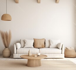 Scandinavian minimalism in the living space. Modern 3D visualization of the interior in light beige tones