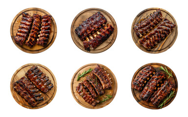 Collection of grilled spare ribs on wooden cutting board isolated on a transparent background, top view, PNG