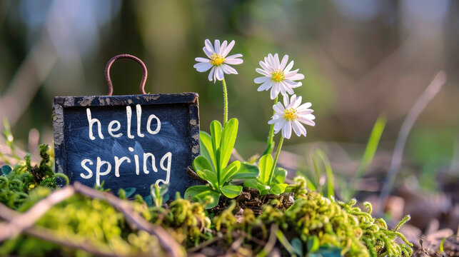 A sign with the words hello spring surrounded by daisies in full bloom