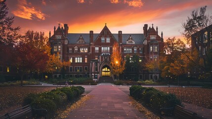 The warm glow of sunset bathes a historic university building, highlighting its architectural...
