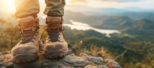 Adventurous hiker  feet in hiking shoes on mountain top overlooking lake and river scenery