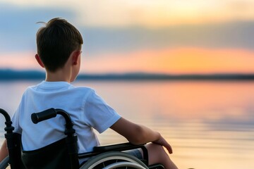 Disabled young boy on wheelchair, water surface, sea, ocean, lake, river, sitting sunn, sunset, reflections