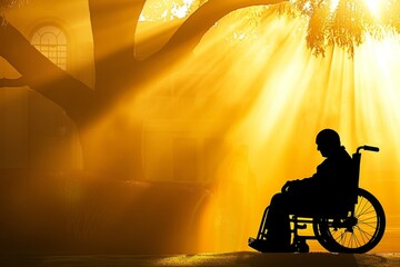 Silhouette of disabled senior pensioner man on a wheelchair, sun god rays, warm orange light, old tree, mansion old building