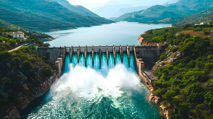 Majestic dam releasing water into a valley, surrounded by mountains. Hydroelectric power generation in natural setting. Serene yet powerful scene. AI - obrazy, fototapety, plakaty