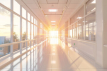 Blurred background, empty hospital or clinic corridor, well lit, bright warm direct sun light, pink sunset