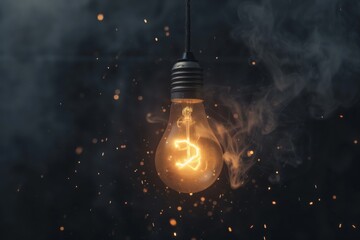Energy waste concept, burning electrical lamp, illuminated orange spark particles, black smoke background - Powered by Adobe