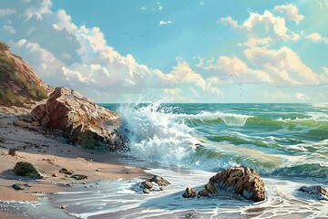 Headland. Beach ocean surf Sunny . - Powered by Adobe