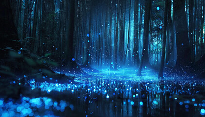 Tall trees stand in a mystical forest with a glowing, bioluminescent floor under a twilight sky
