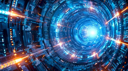 Futuristic Circular Technology Tunnel with Blue Lights. Sci-fi Design of a Digital Vortex. Perfect for Modern Backgrounds. Cyber Tunnel Imagery. AI