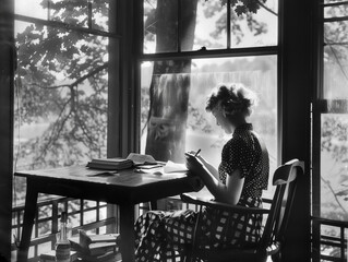 Vintage-style photo of a female author sitting by a window, writing her work.
