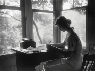 Vintage-style photo of a female author sitting by a window, writing her work. - obrazy, fototapety, plakaty