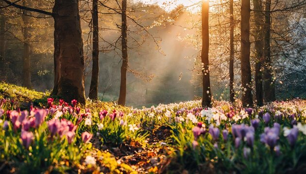 spring in the forest, blooming flowers, sun light