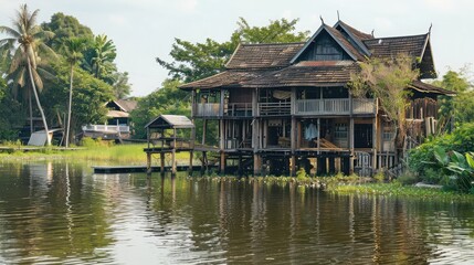Fototapeta na wymiar Traditional old wooden vintage house near lake ,Village house on water natural blue sky,A wooden house floats in the middle of the water,Resort house mostly made of bamboo built on a fish pond