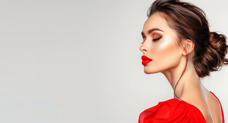 A woman in a red dress with red lipstick and earrings. She is standing in front of a white background. goddess with red lips in a red dress in profile, on a white background