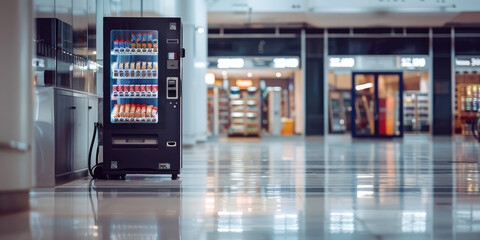 Modern black snack machine in a minimalist shopping center interior. Small business, self-service vending machines in public places.