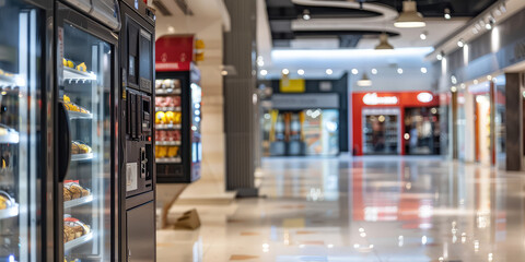 Modern snack machine in a minimalist shopping center interior. Small business, self-service vending machines in public places.