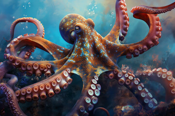 Squid or octopus with tentacles in the sea in the water - 789202895