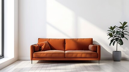 Interior decoration in minimalist style with brown sofa and empty wall white color