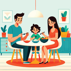 illustration of a family with a child eating together