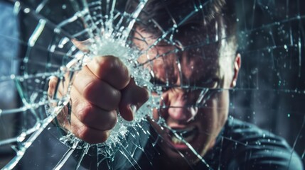 Hitting glass with fist, cracks and fragments. Man broke the window. Generative AI