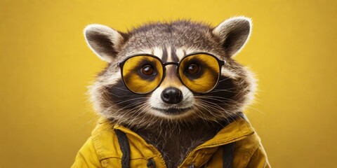 Portrait of a cute funny raccoon wearing glasses, isolated on a yellow background