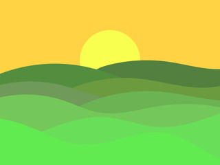 Fototapeta na wymiar Wavy landscape with green hills and the sun on the horizon. Dawn with green meadows in a minimalist style. Design for posters, prints and banners. Vector illustration