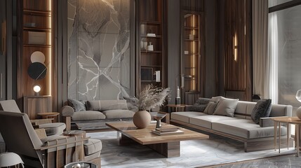 interior design living room with gray and beige colored furniture and wooden elements
