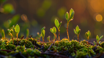 A group of small plants are growing in a field. The plants are green and have dew on them. Concept of growth and new beginnings - obrazy, fototapety, plakaty