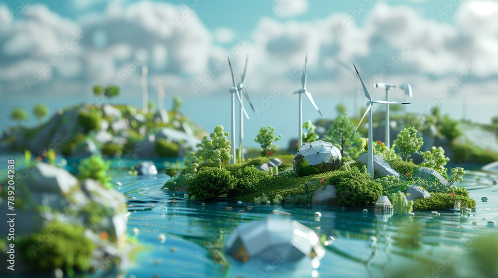 Poster a small island with a tree and windmills in the middle of the ocean. the island is surrounded by wat