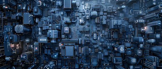 Intricate 3D rendering of a dense circuit city in dark blue tones with glowing elements