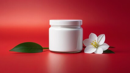 white jar and white flower on a red background
