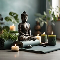 A serene statue of Buddha meditating is accompanied by lit candles and green foliage, set against a harmonious backdrop depicting a tranquil ambiance.