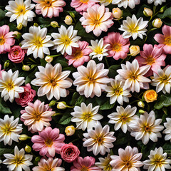 seamless pattern with flowers, many pink and white flower on the plant in the garden 