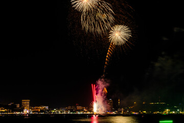 Mesmerizing display of fireworks explodes in the night, illuminating the waterfront with a tapestry...