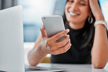 Phone, smile and woman with laptop, office and reading in social media, post and internet of...