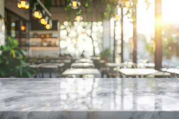 Empty white marble stone table top and blur glass window interior cafe and restaurant banner mock up abstract background - can used for display or montage your products - generative ai - obrazy, fototapety, plakaty