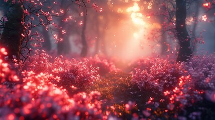 Ethereal forest with quantum foliage, neon vines, and floating luminescent flowers - obrazy, fototapety, plakaty