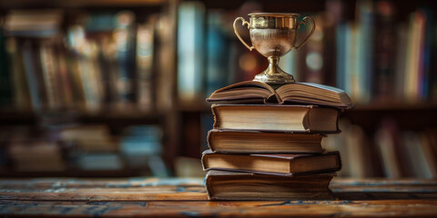 A stack of books with an open book on top and a golden trophy cup, representing education or winning first place in a competition - obrazy, fototapety, plakaty