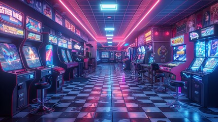 Subterranean cyberpunk arcade, neon lit, gamers in VR battles, retro futuristic vibe